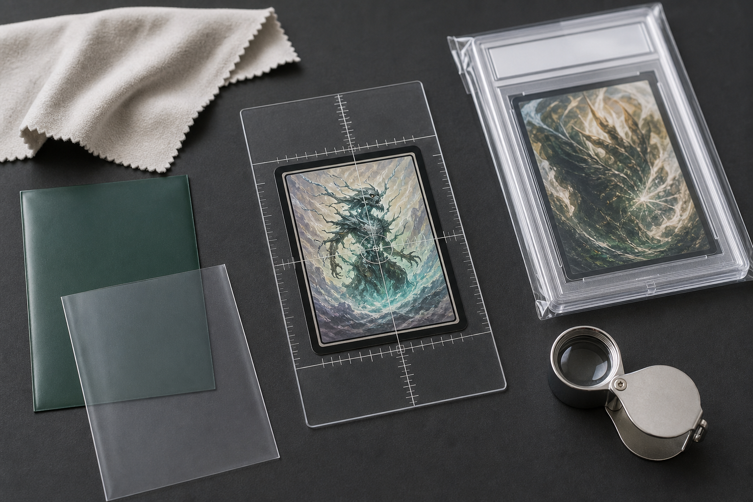 Pokémon-kaart met centering tool voor card grading controle
