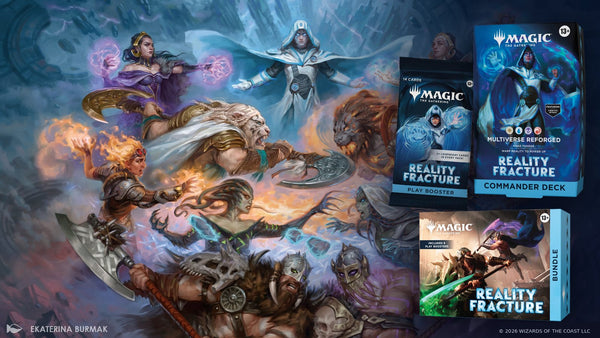 Magic: The Gathering Reality Fracture – Play Booster, Commander Deck Multiverse Reforged en Bundle voor de key art van Ekaterina Burmak