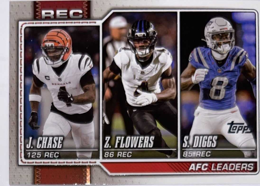 2026 Topps Football #284 Stefon Diggs / Ja'Marr Chase / Zay Flowers League Leaders – Near Mint – voorkant