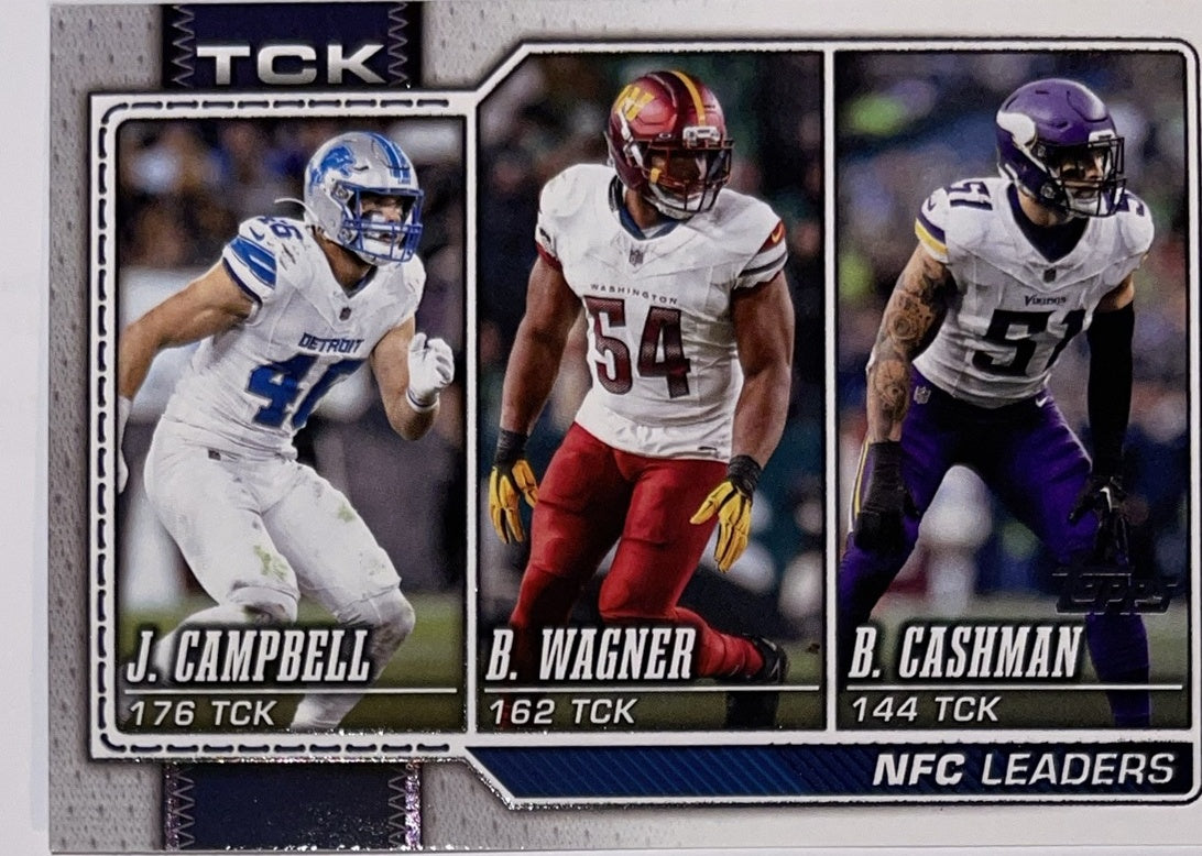 2026 Topps Football #289 Bobby Wagner / Blake Cashman / Jack Campbell League Leaders – Near Mint – voorkant