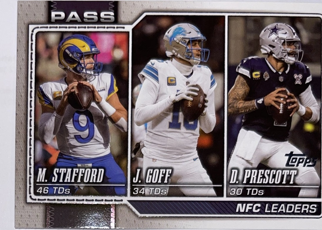 2026 Topps Football #281 Matthew Stafford / Dak Prescott / Jared Goff League Leaders – Near Mint – voorkant
