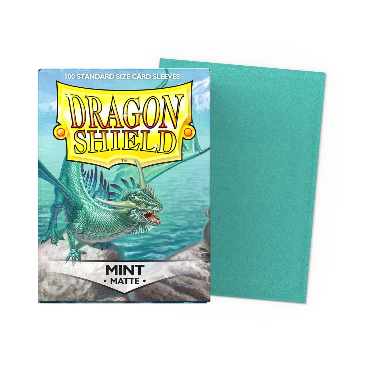 Dragon Shield Matte Mint sleeves – doosje van 100 stuks met een losse mintgroene sleeve ernaast
