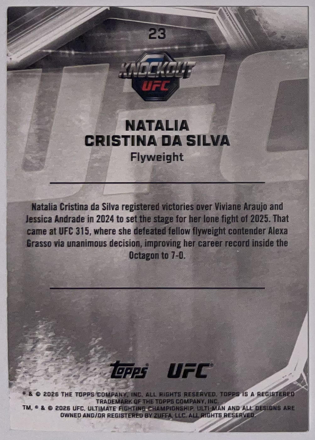 Achterzijde – Natalia Cristina da Silva [23] – 2026 Topps Knockout UFC | Lichcards