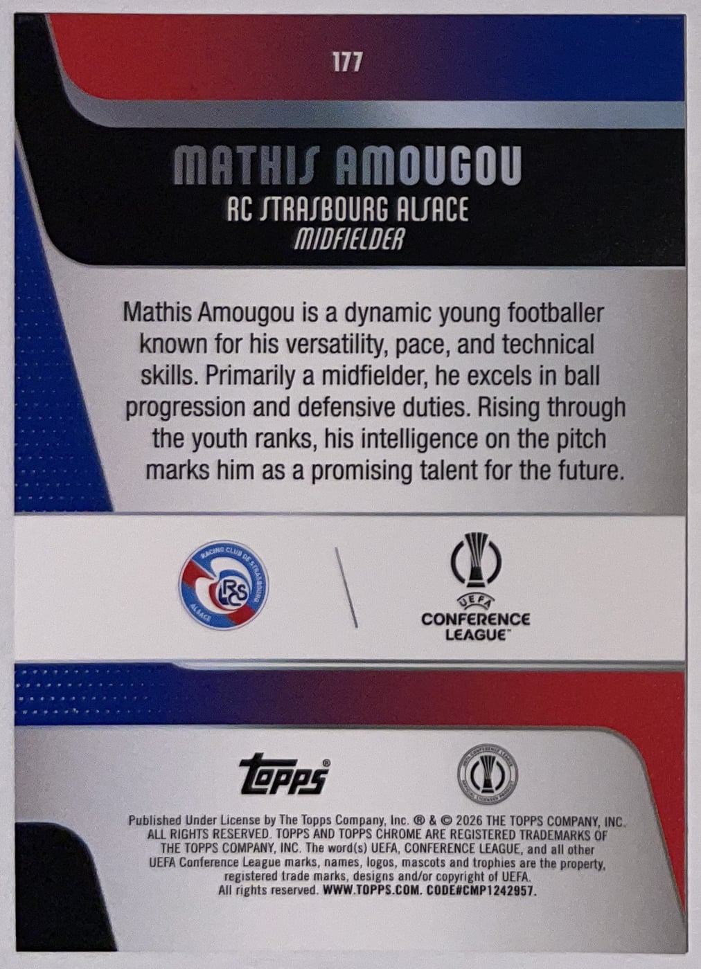 Achterzijde – Mathis Amougou [177] – Topps Chrome UEFA Club Competitions 2025/26 | Lichcards
