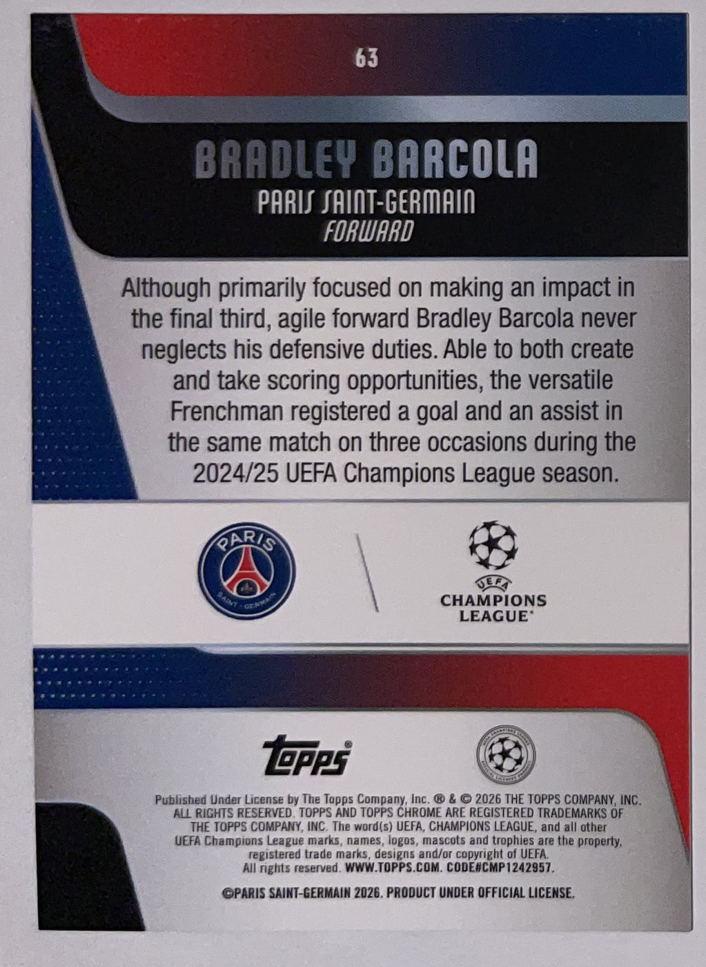 Achterzijde – Bradley Barcola [63] – Topps Chrome UEFA Club Competitions 2025/26 | Lichcards