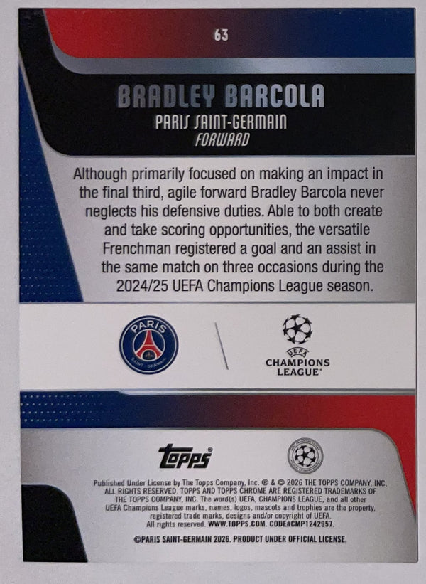 Achterzijde – Bradley Barcola [63] – Topps Chrome UEFA Club Competitions 2025/26 | Lichcards