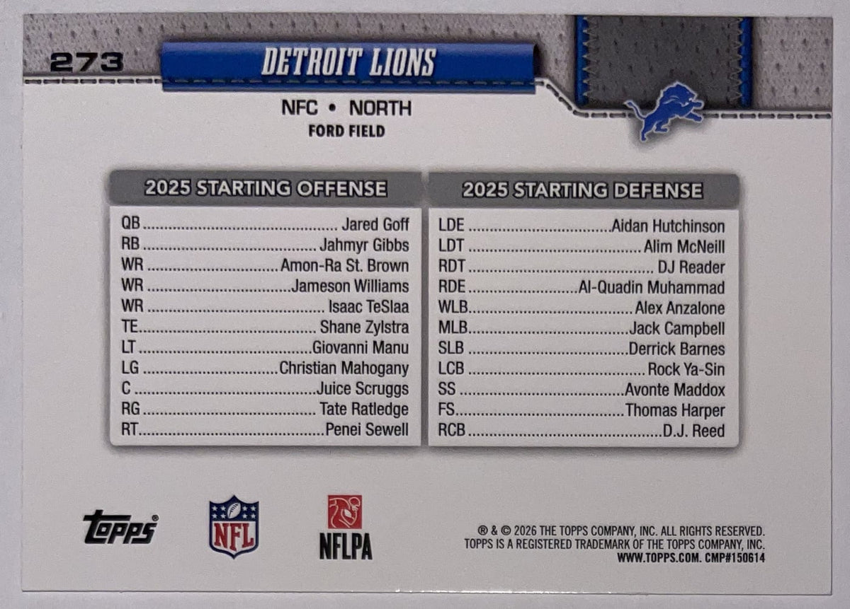 Achterzijde – Detroit Lions [273] – Topps Flagship NFL 2026 | Lichcards