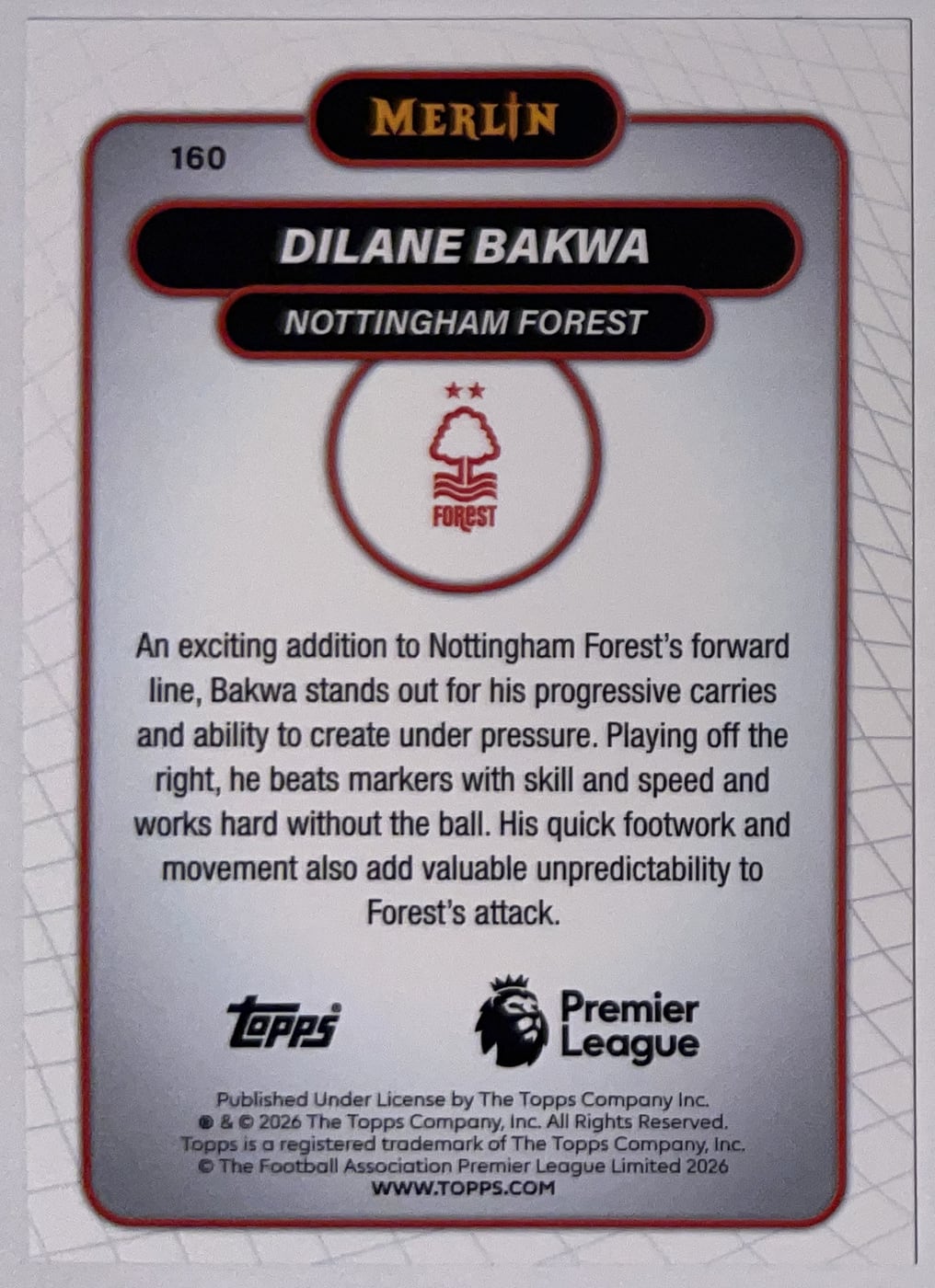 Achterzijde – Dilane Bakwa [160] – Topps Merlin Premier League 2025/26 | Lichcards