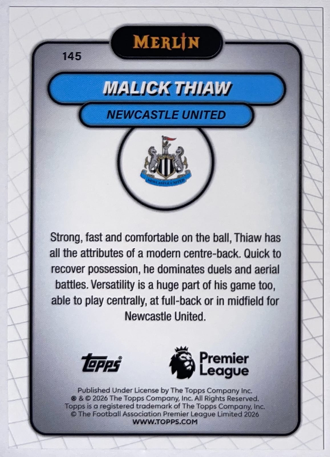 Achterzijde – Malick Thiaw [145] – Topps Merlin Premier League 2025/26 | Lichcards
