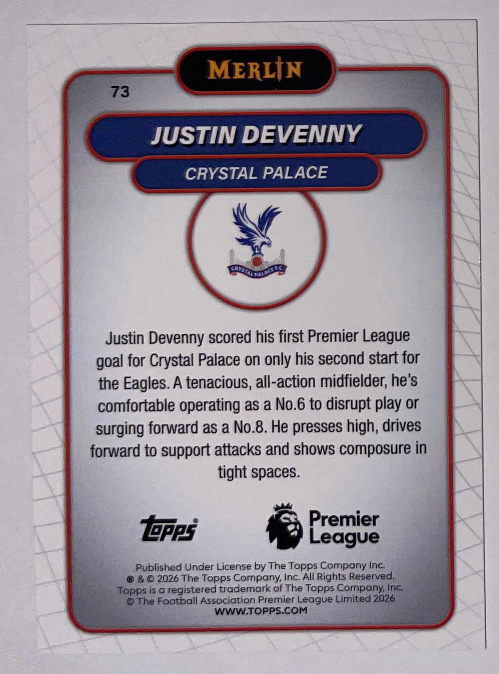Achterzijde – Justin Devenny [73] – Topps Merlin Premier League 2025/26 – Near Mint