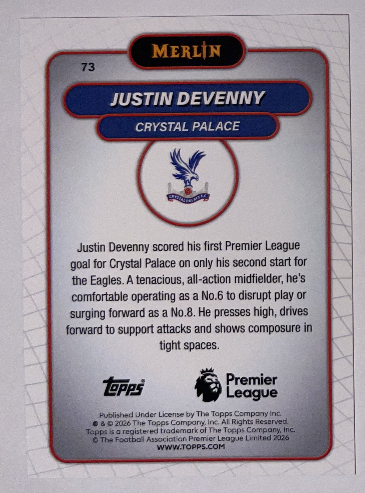 Achterzijde – Justin Devenny [73] – Topps Merlin Premier League 2025/26 – Near Mint
