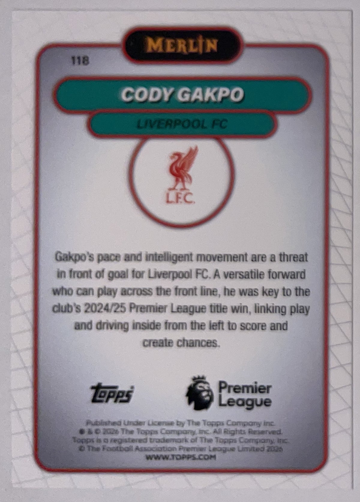 Achterzijde – Cody Gakpo [118] – Topps Merlin Premier League 2025/26 – Near Mint
