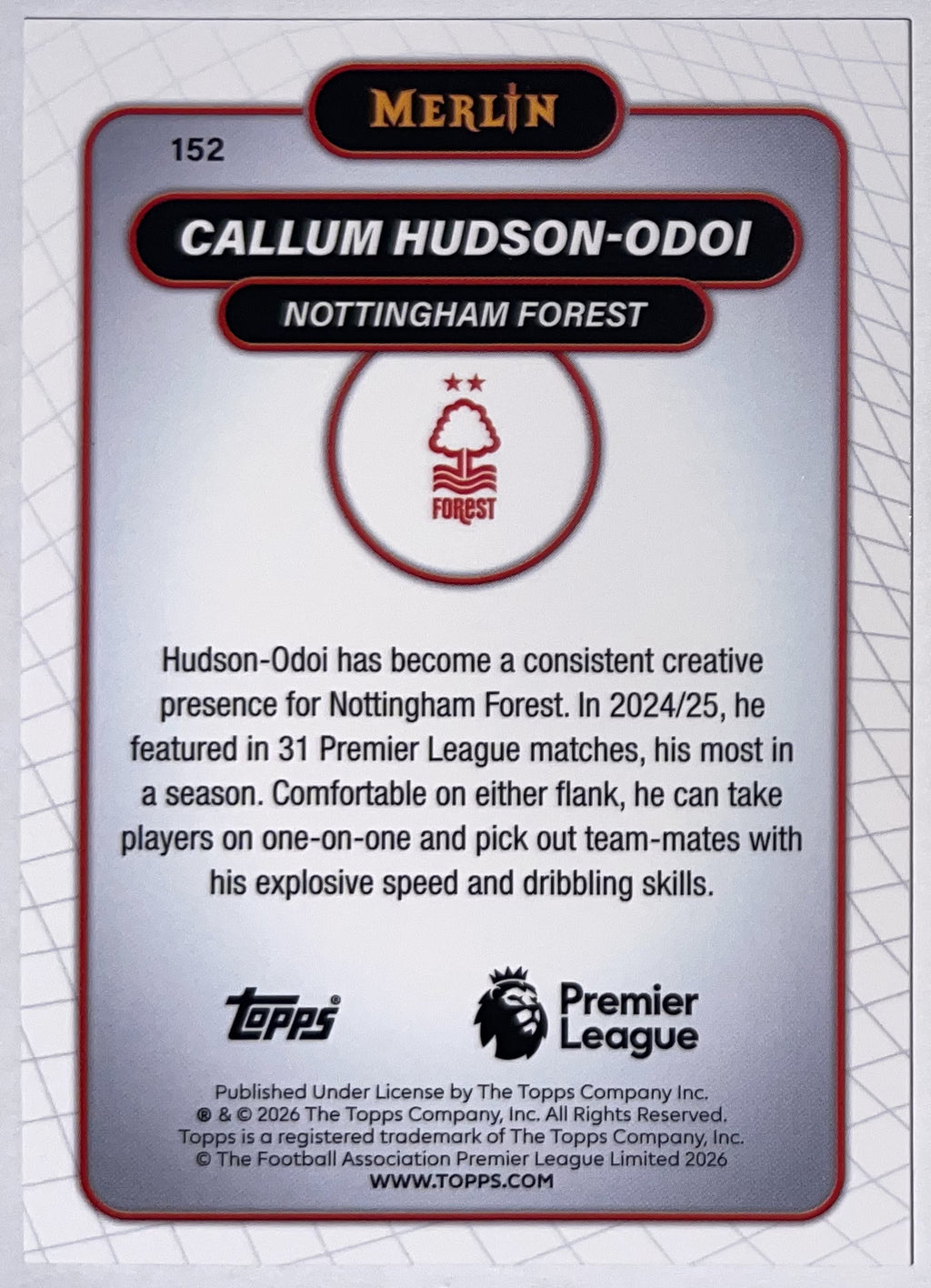 Achterzijde – Callum Hudson-Odoi [152] – Topps Merlin Premier League 2025/26 – Near Mint