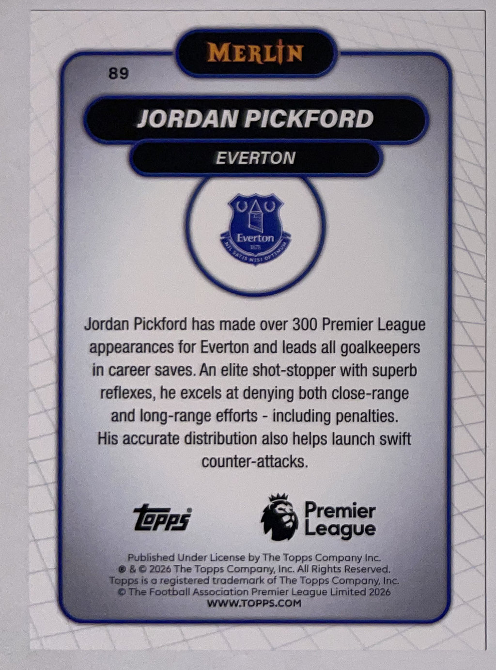 Achterzijde – Jordan Pickford [89] – Topps Merlin Premier League 2025/26 – Near Mint