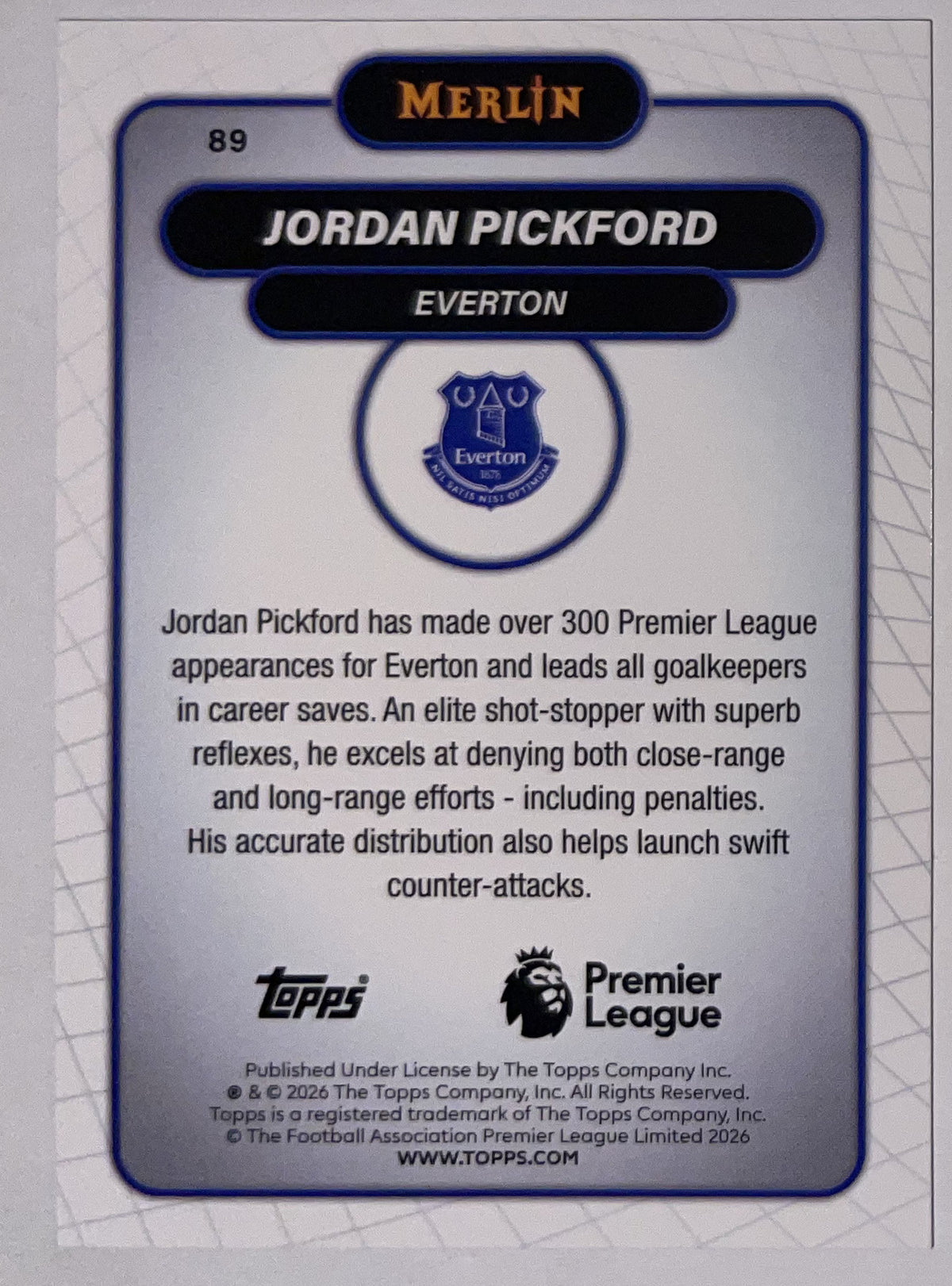 Achterzijde – Jordan Pickford [89] – Topps Merlin Premier League 2025/26 – Near Mint