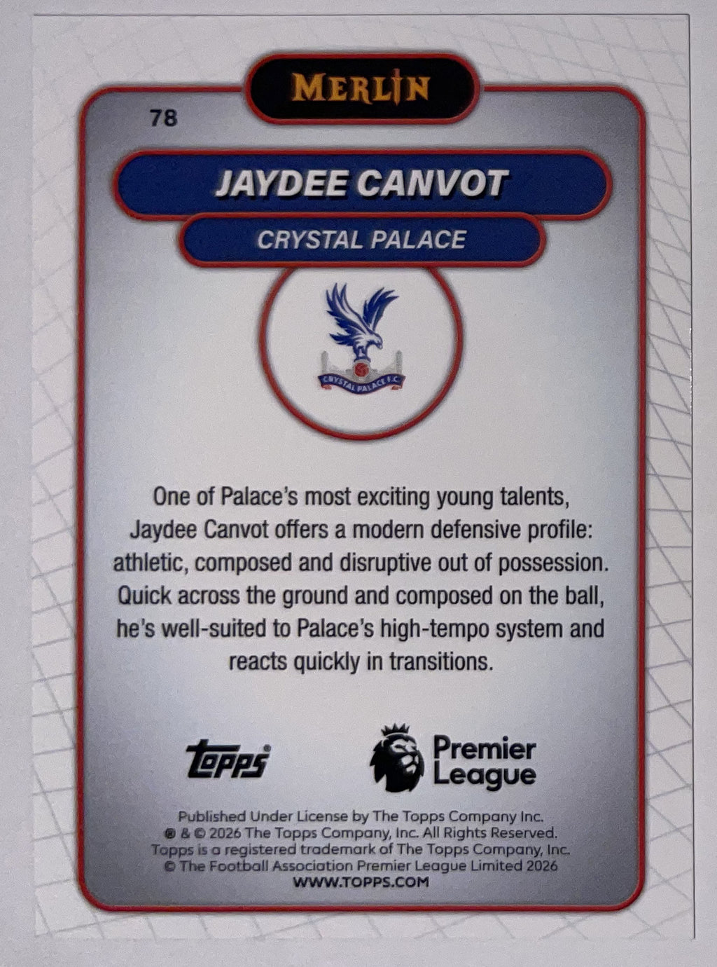 Achterzijde – Jaydee Canvot [78] – Topps Merlin Premier League 2025/26 – Near Mint