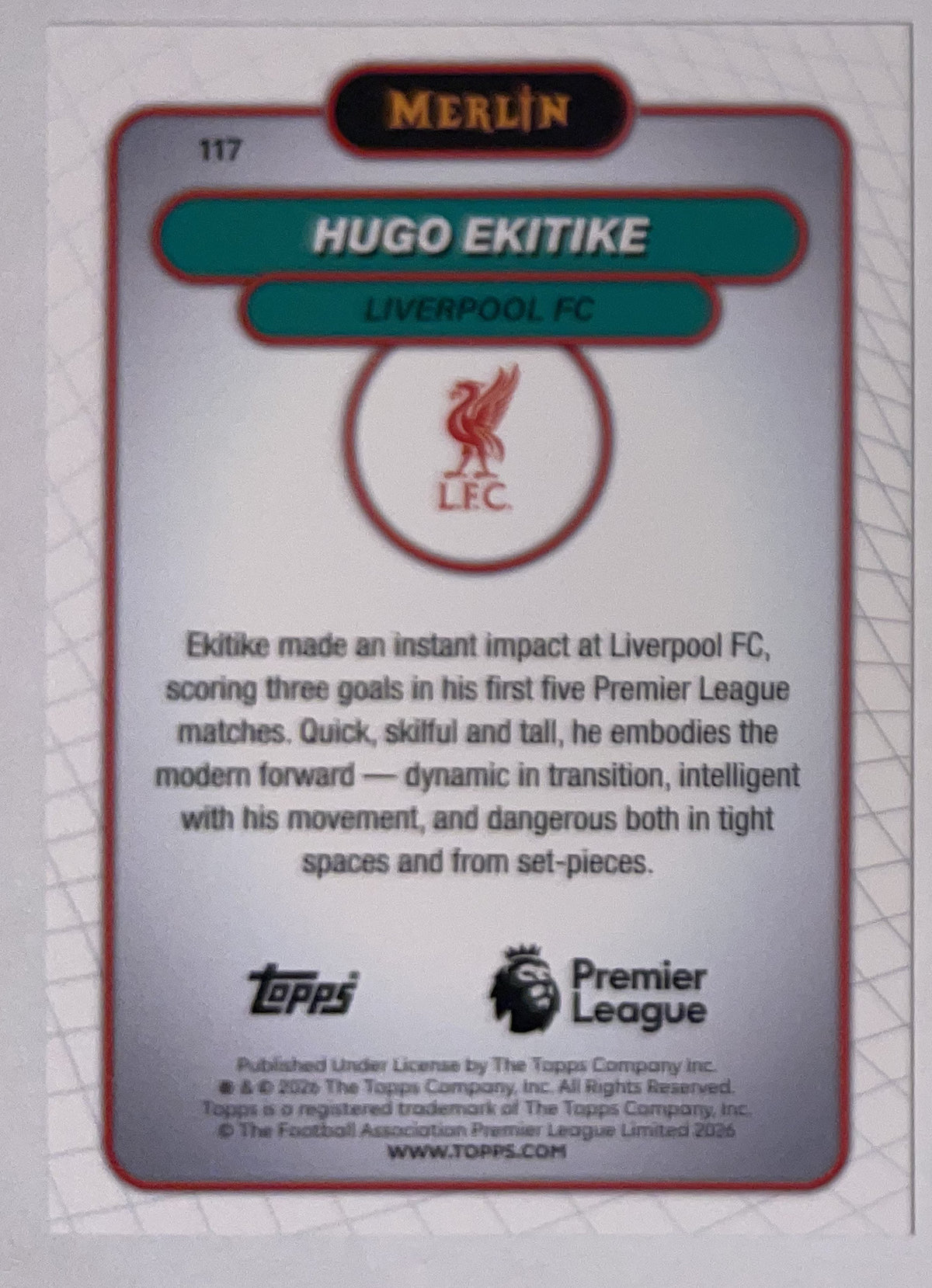 Achterzijde – Hugo Ekitike [117] – Topps Merlin Premier League 2025/26 – Near Mint