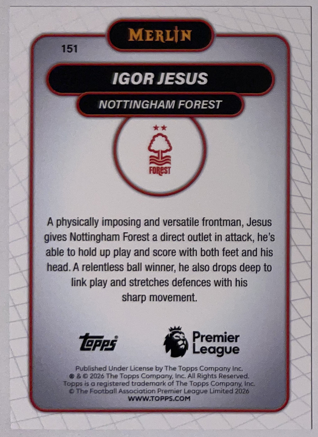 Achterzijde – Igor Jesus [151] – Topps Merlin Premier League 2025/26 – Near Mint