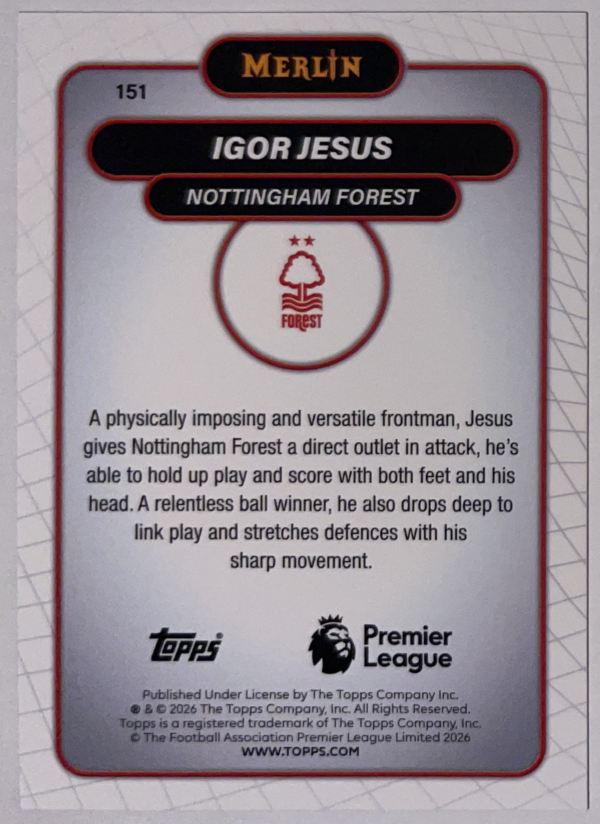 Achterzijde – Igor Jesus [151] – Topps Merlin Premier League 2025/26 – Near Mint