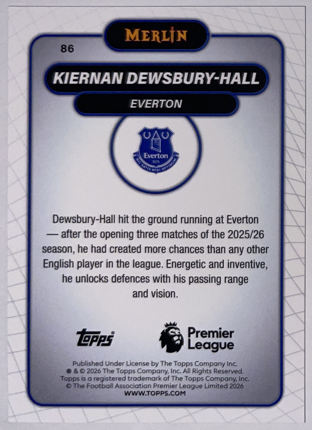 Achterzijde – Kiernan Dewsbury-Hall [86] – Topps Merlin Premier League 2025/26 – Near Mint