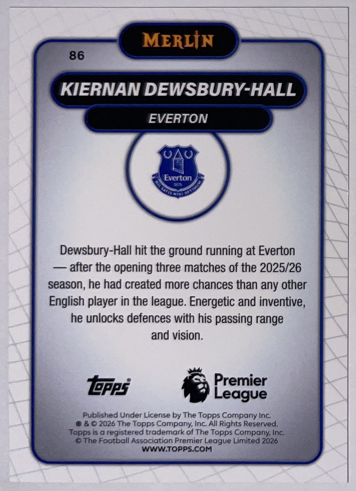 Achterzijde – Kiernan Dewsbury-Hall [86] – Topps Merlin Premier League 2025/26 – Near Mint