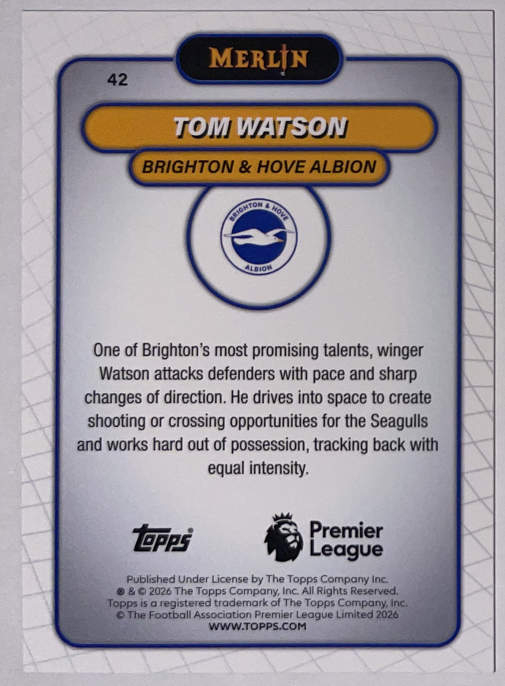 Achterzijde – Tom Watson [42] – Topps Merlin Premier League 2025/26 – Near Mint