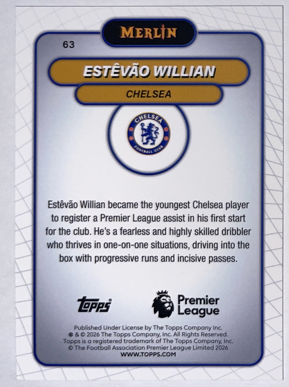 Achterzijde – Estêvão Willian [63] – Topps Merlin Premier League 2025/26 – Near Mint