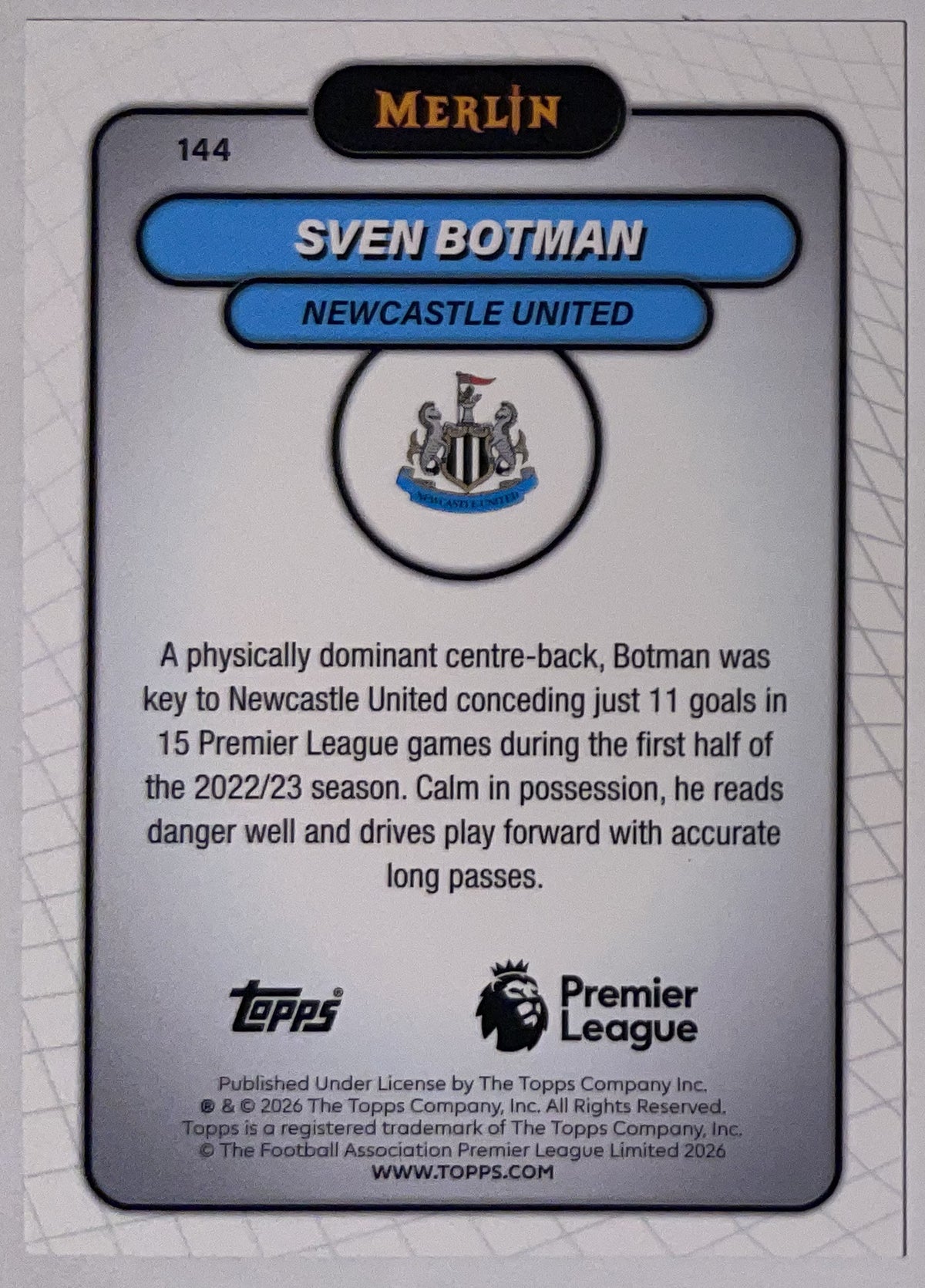 Achterzijde – Sven Botman [144] – Topps Merlin Premier League 2025/26 – Near Mint