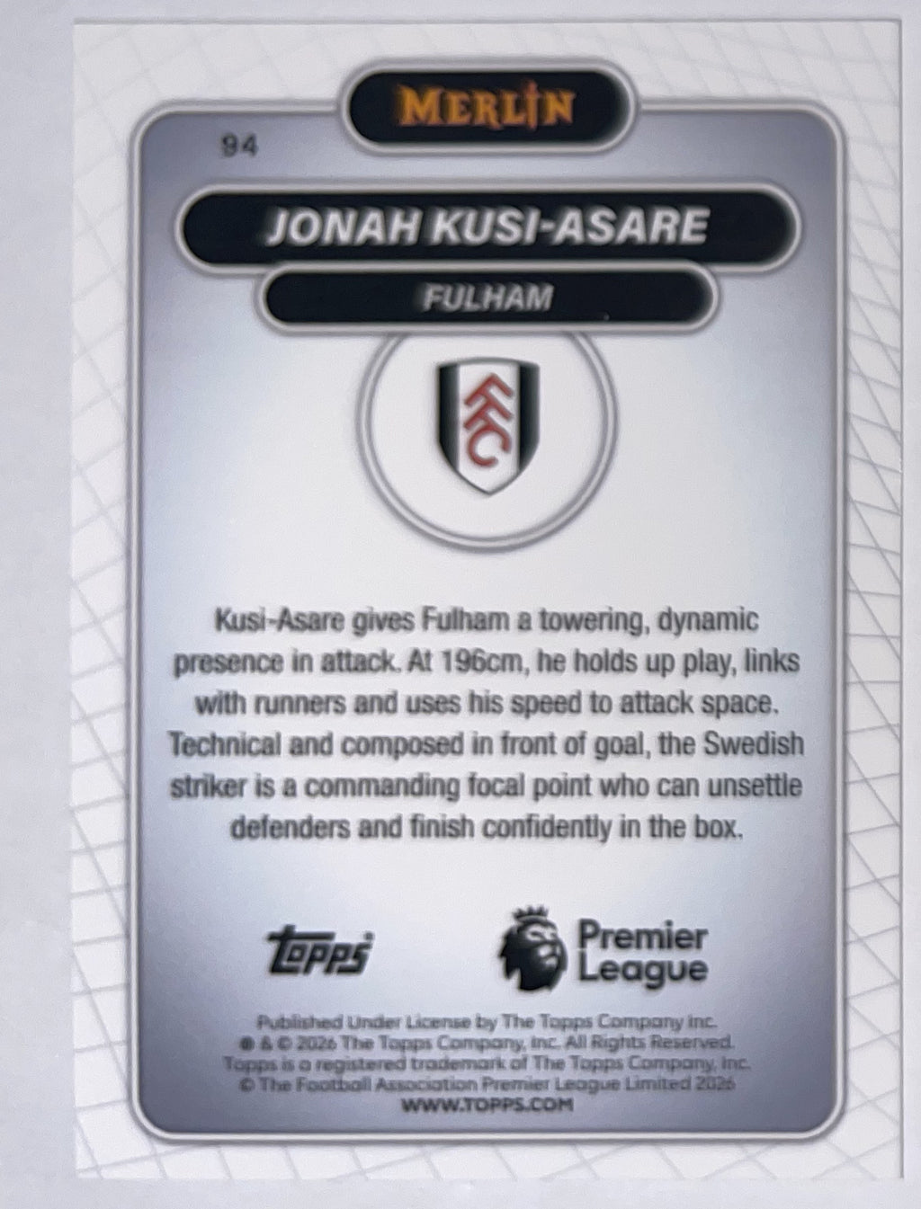 Achterzijde – Jonah Kusi-Asare [94] – Topps Merlin Premier League 2025/26 – Near Mint