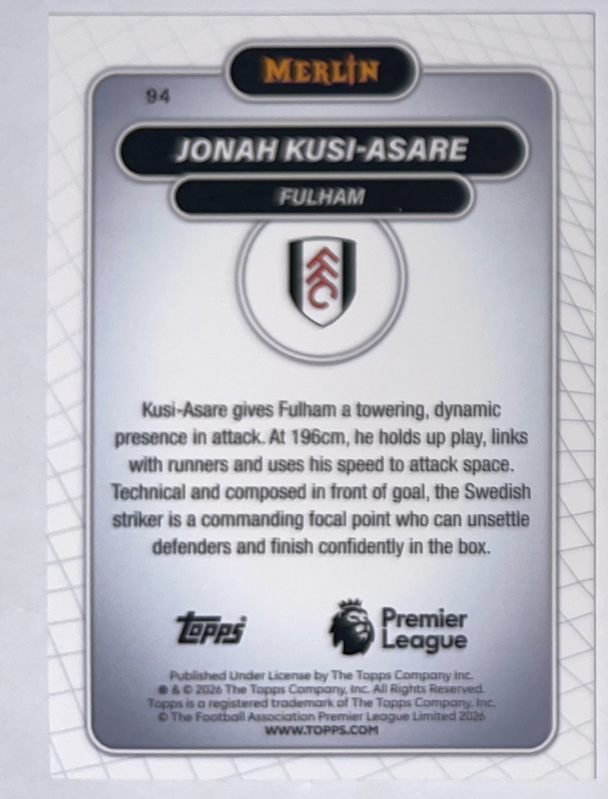 Achterzijde – Jonah Kusi-Asare [94] – Topps Merlin Premier League 2025/26 – Near Mint