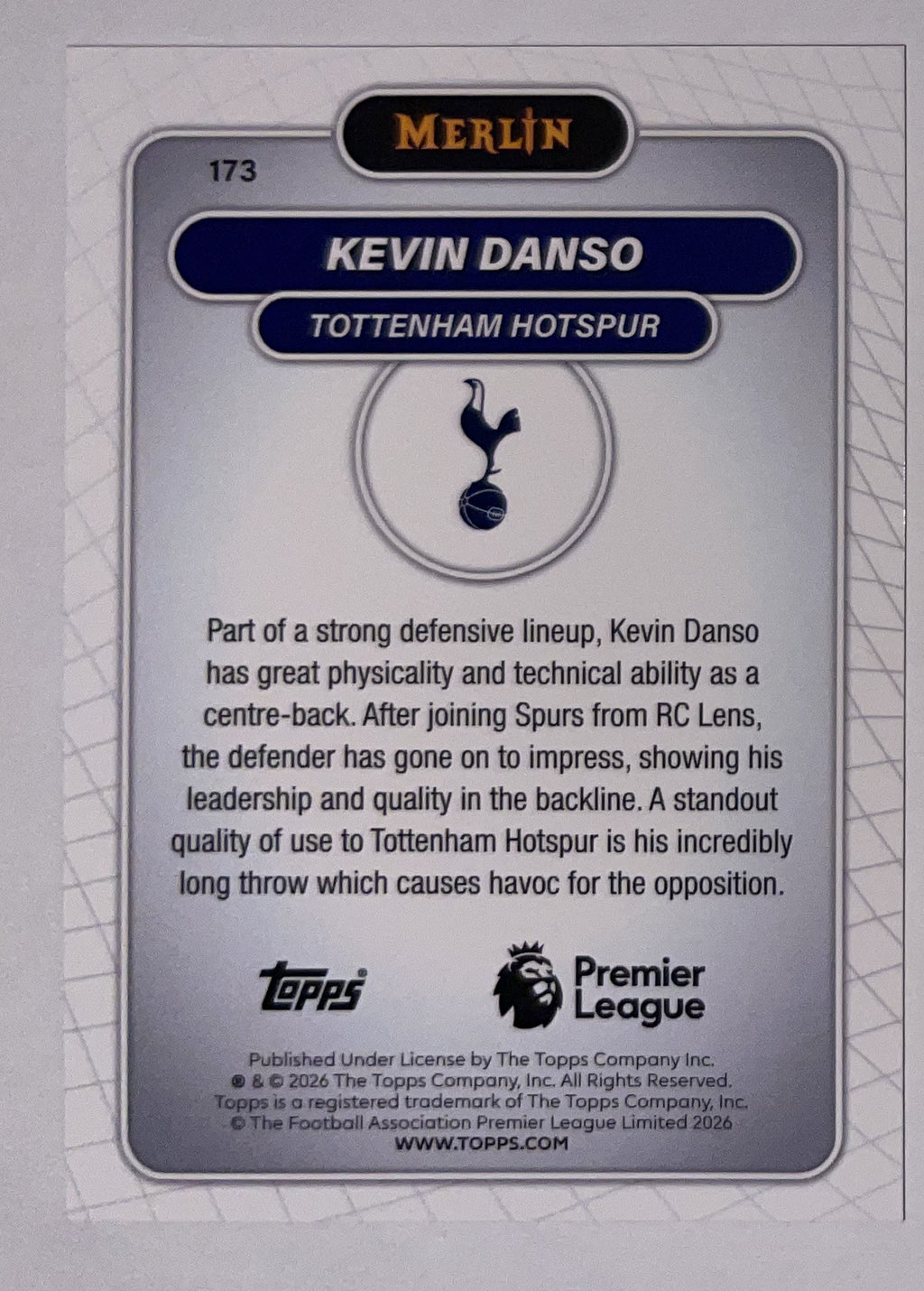 Achterzijde – Kevin Danso [173] – Topps Merlin Premier League 2025/26 – Near Mint