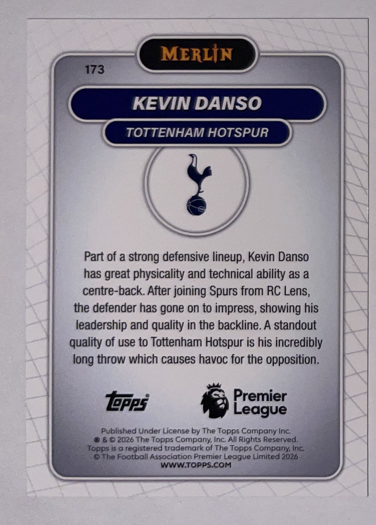 Achterzijde – Kevin Danso [173] – Topps Merlin Premier League 2025/26 – Near Mint