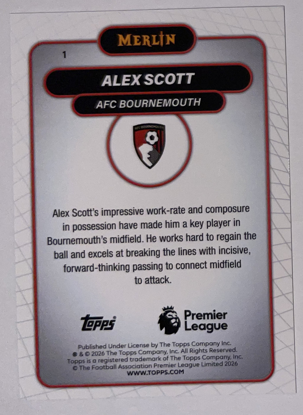 Achterzijde – Alex Scott [1] – Topps Merlin Premier League 2025/26 – Near Mint