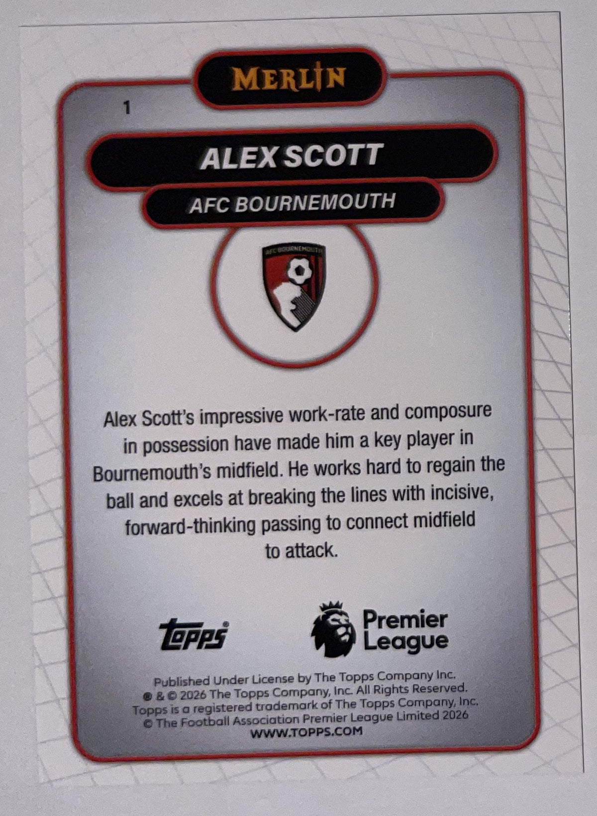 Achterzijde – Alex Scott [1] – Topps Merlin Premier League 2025/26 – Near Mint