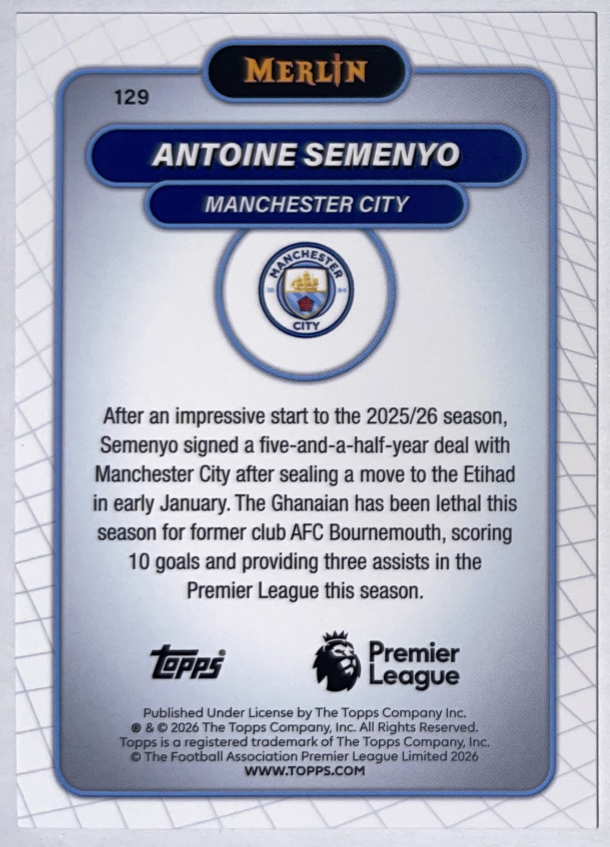 Achterzijde – Antoine Semenyo [129] – Topps Merlin Premier League 2025/26 – Near Mint