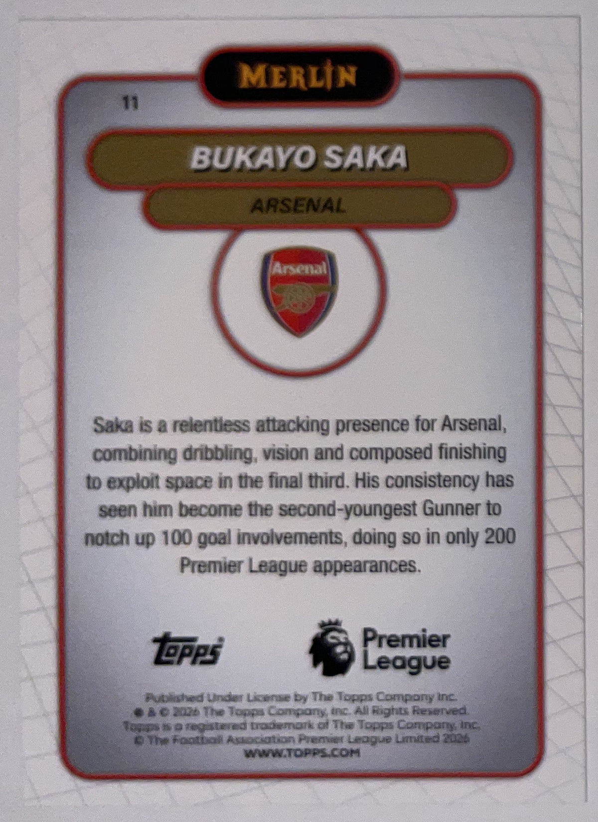 Achterzijde – Bukayo Saka [11] – Topps Merlin Premier League 2025/26 – Near Mint