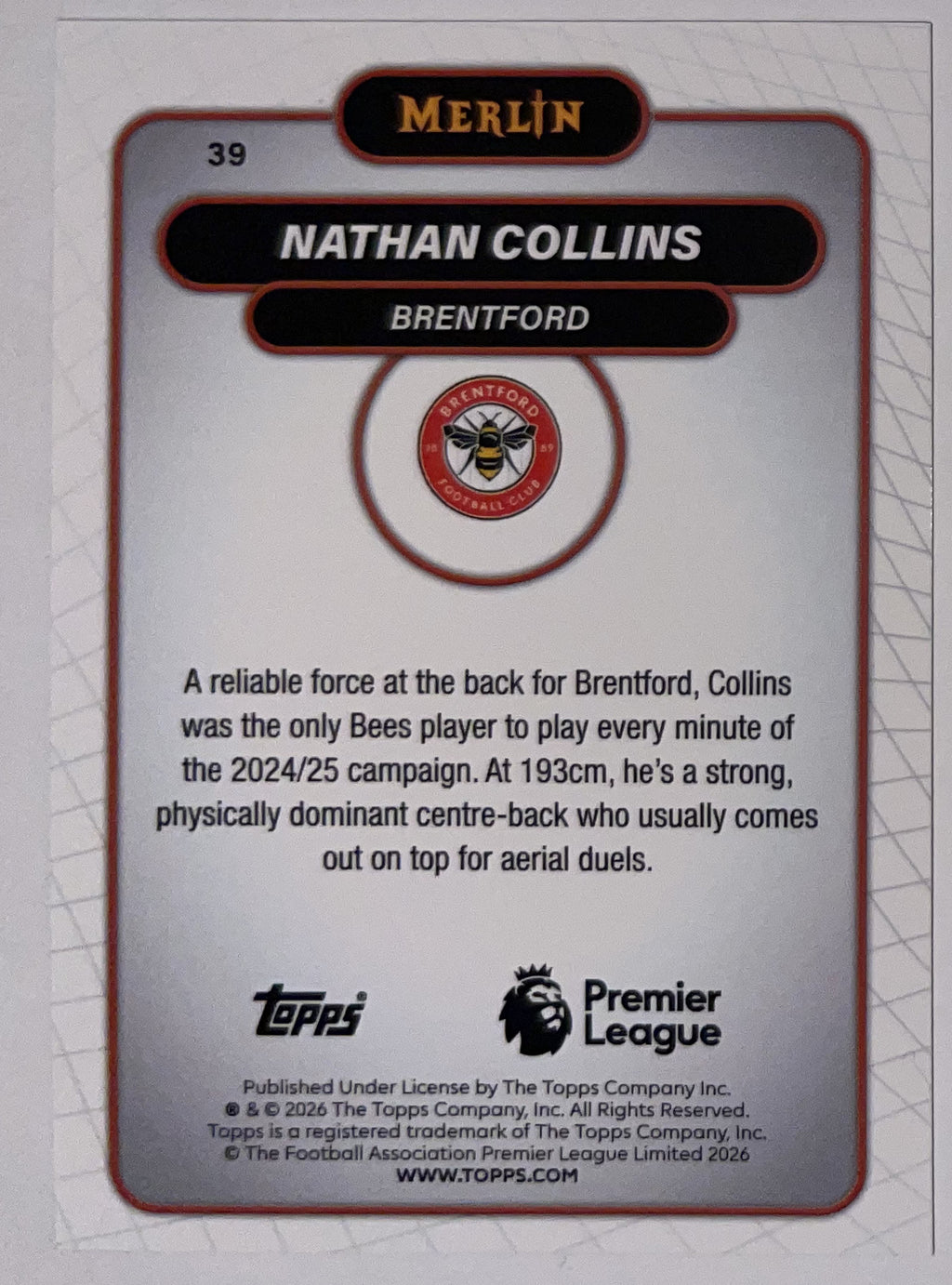 Achterzijde – Nathan Collins [39] – Topps Merlin Premier League 2025/26 – Near Mint