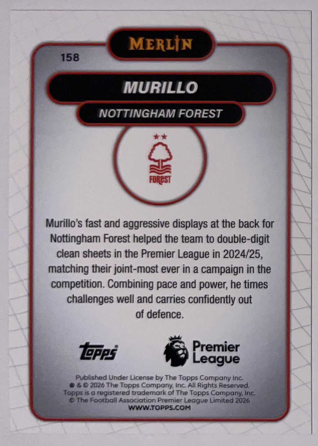 Achterzijde – Murillo [158] – Topps Merlin Premier League 2025/26 – Near Mint