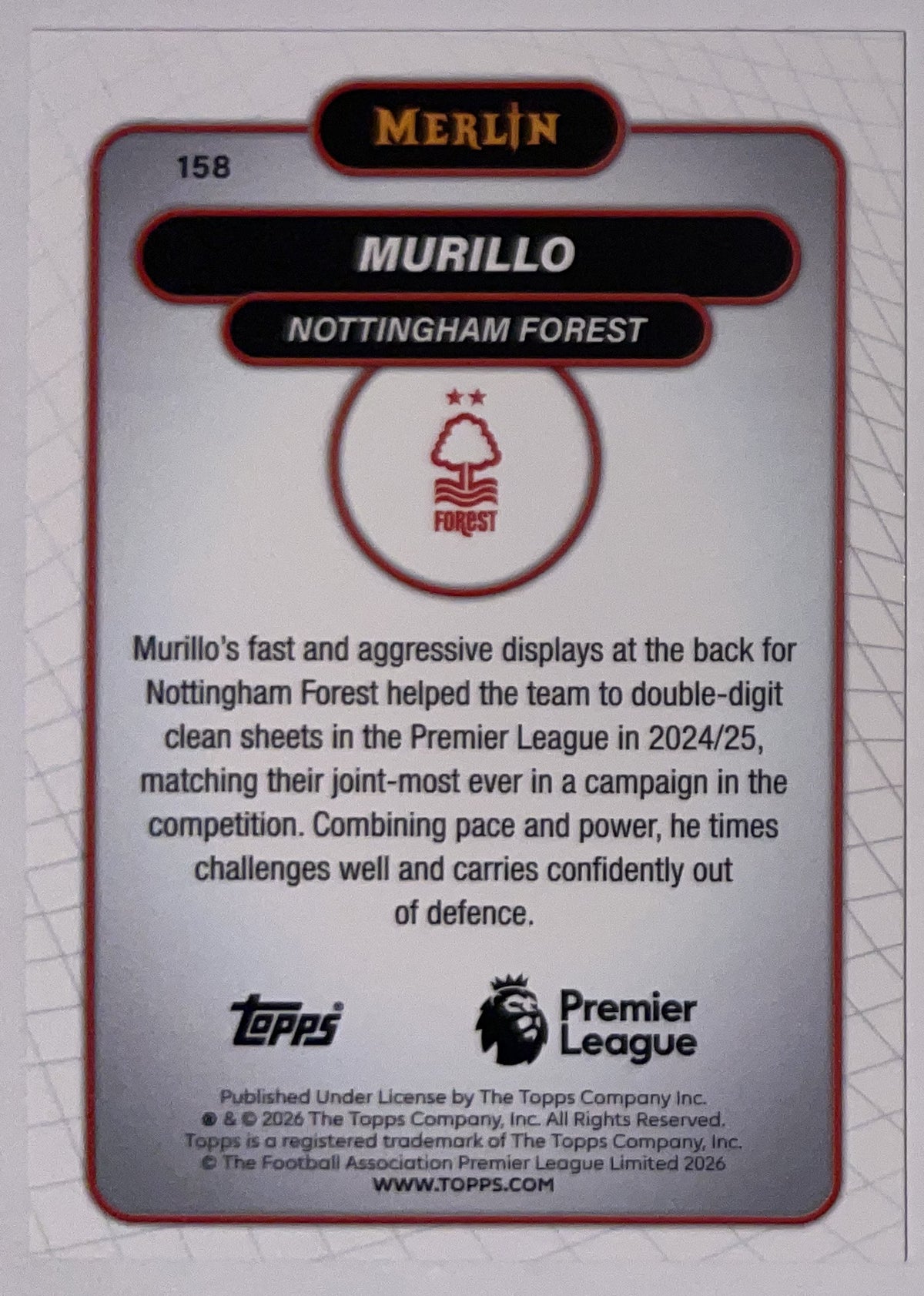 Achterzijde – Murillo [158] – Topps Merlin Premier League 2025/26 – Near Mint