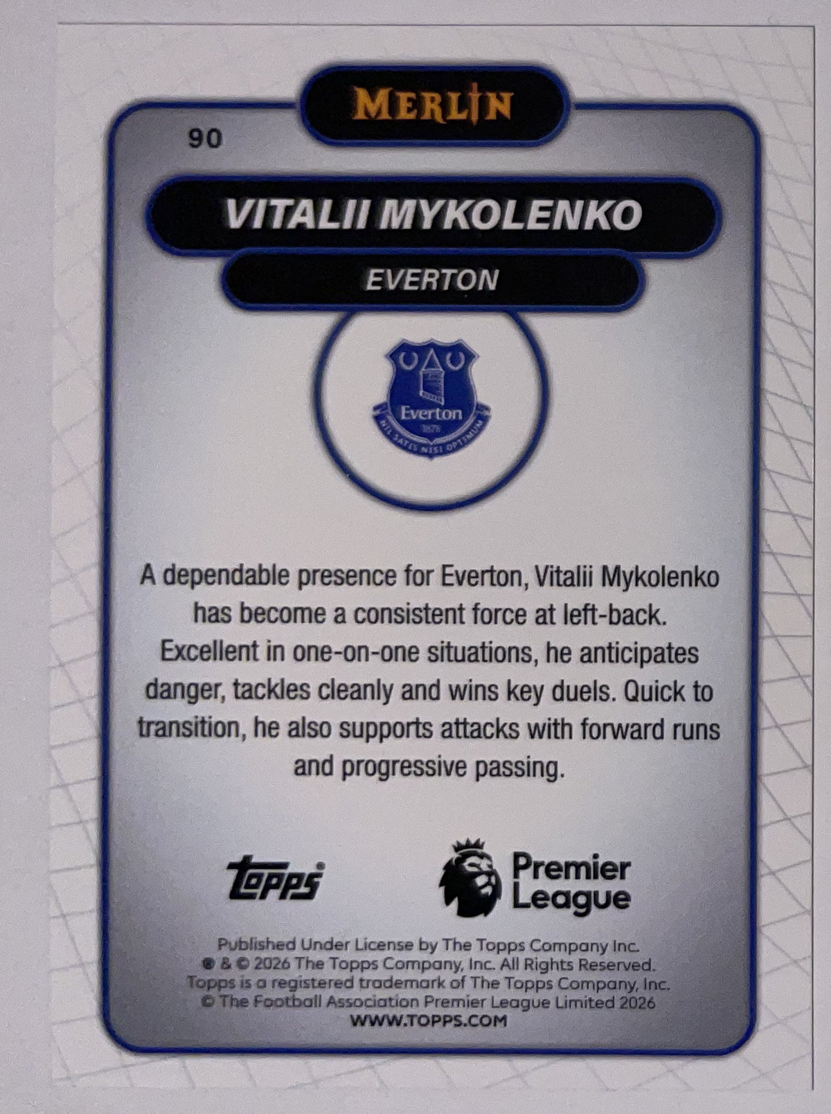 Achterzijde – Vitalii Mykolenko [90] – Topps Merlin Premier League 2025/26 – Near Mint