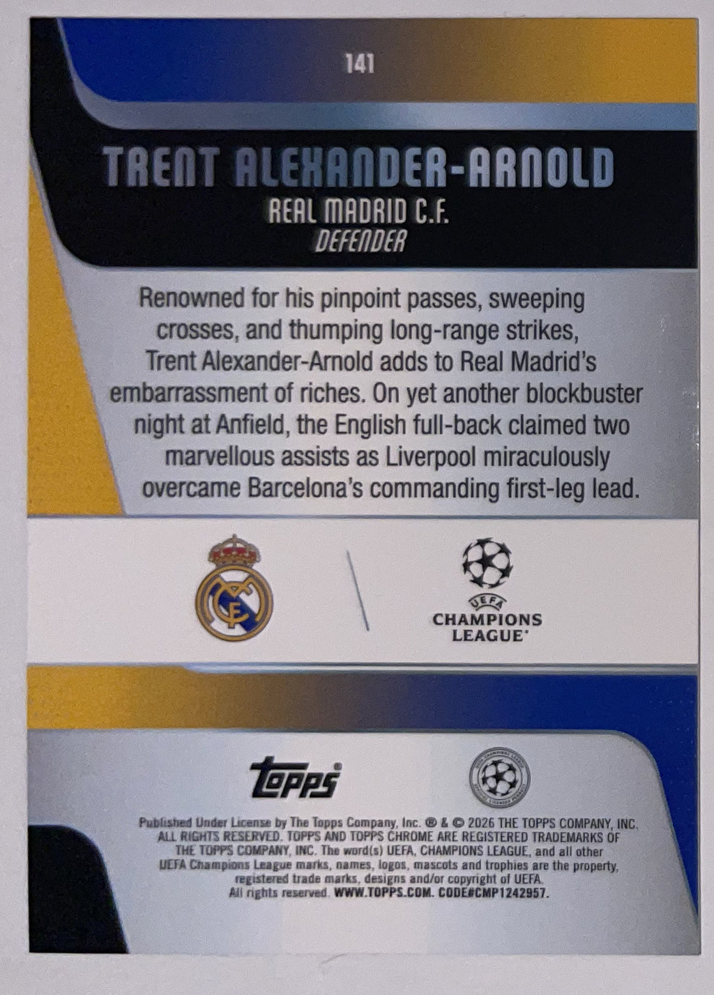 Achterzijde – Trent Alexander-Arnold [141] – Topps Chrome UEFA Club Competitions 2025/26 – Near Mint