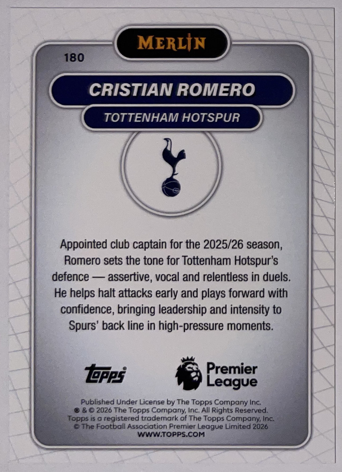 Achterzijde – Cristian Romero [180] – Topps Merlin Premier League 2025/26 – Near Mint