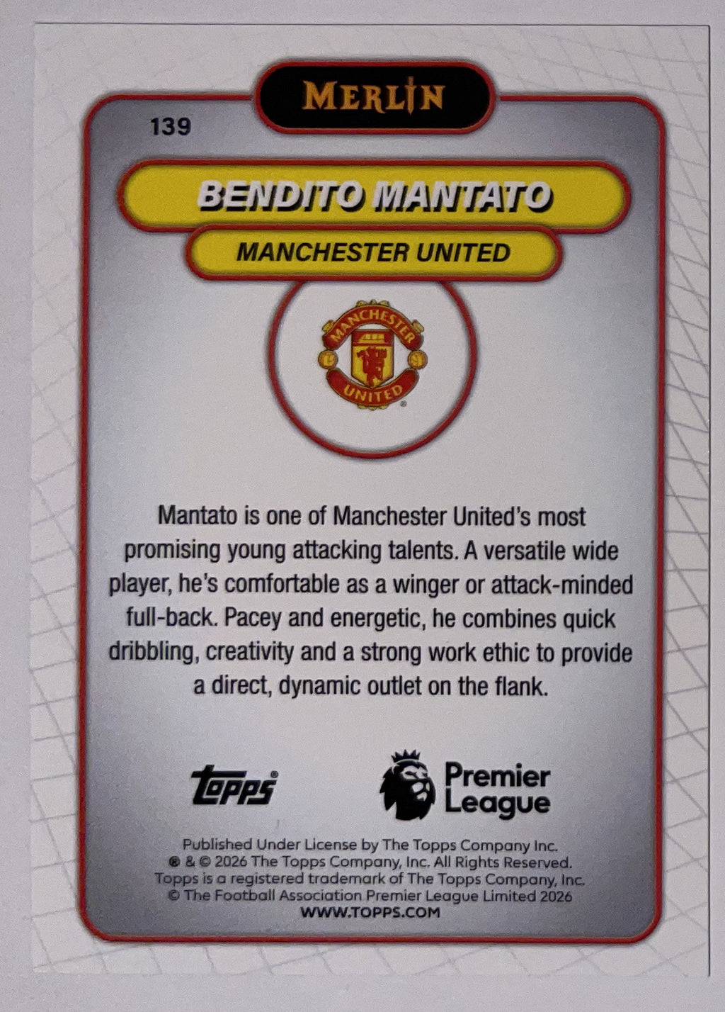 Achterzijde – Bendito Mantato [139] – Topps Merlin Premier League 2025/26 – Near Mint
