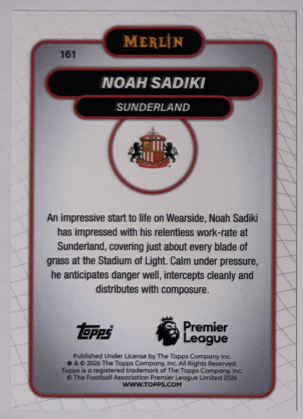 Achterzijde – Noah Sadiki [161] – Topps Merlin Premier League 2025/26 – Near Mint