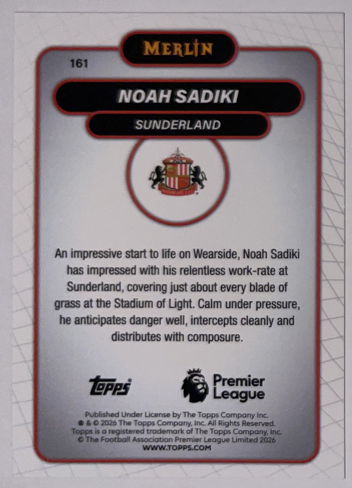 Achterzijde – Noah Sadiki [161] – Topps Merlin Premier League 2025/26 – Near Mint