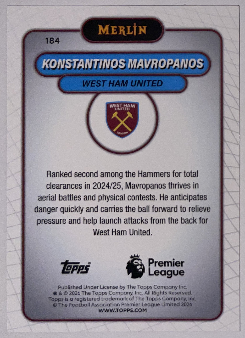 Achterzijde – Konstantinos Mavropanos [184] – Topps Merlin Premier League 2025/26 – Near Mint