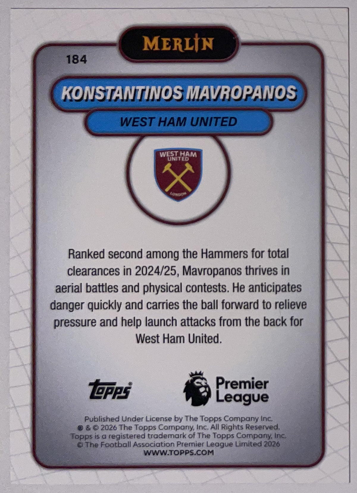 Achterzijde – Konstantinos Mavropanos [184] – Topps Merlin Premier League 2025/26 – Near Mint