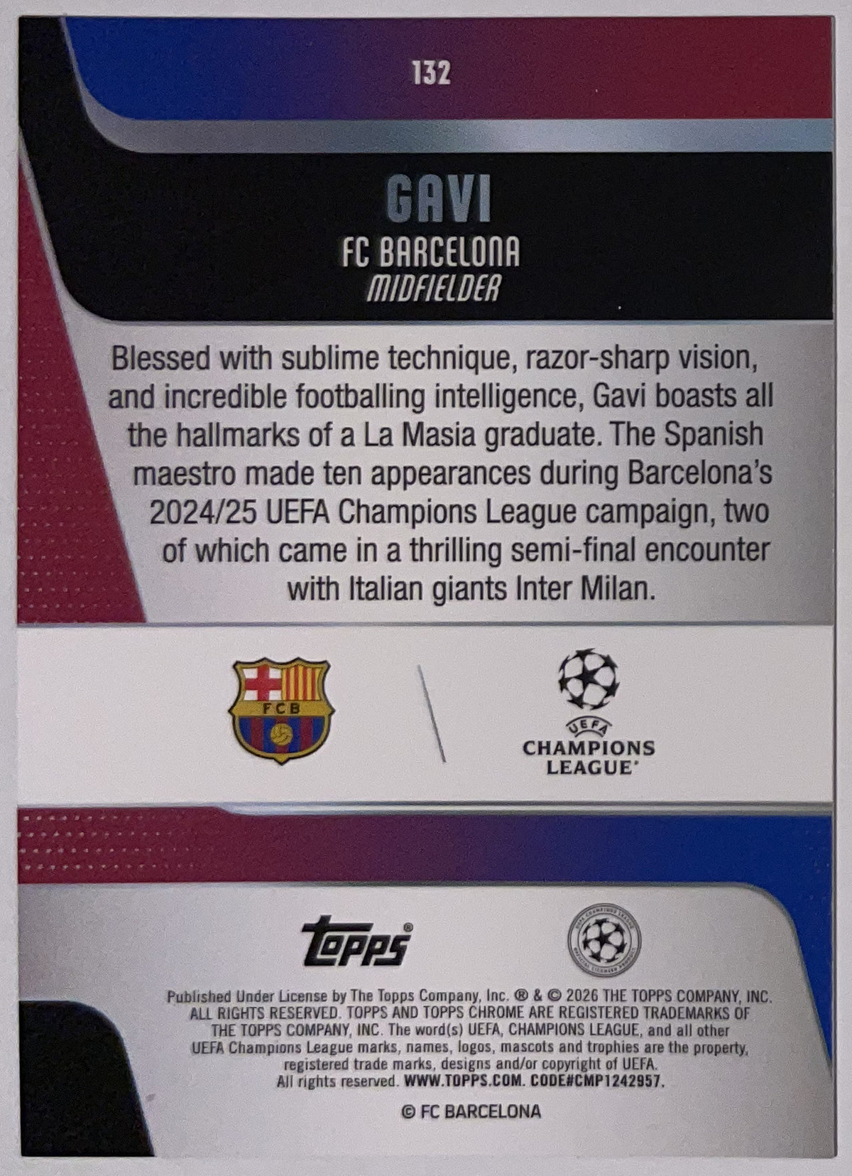 Achterzijde – Gavi [132] – Topps Chrome UEFA Club Competitions 2025/26 – Near Mint