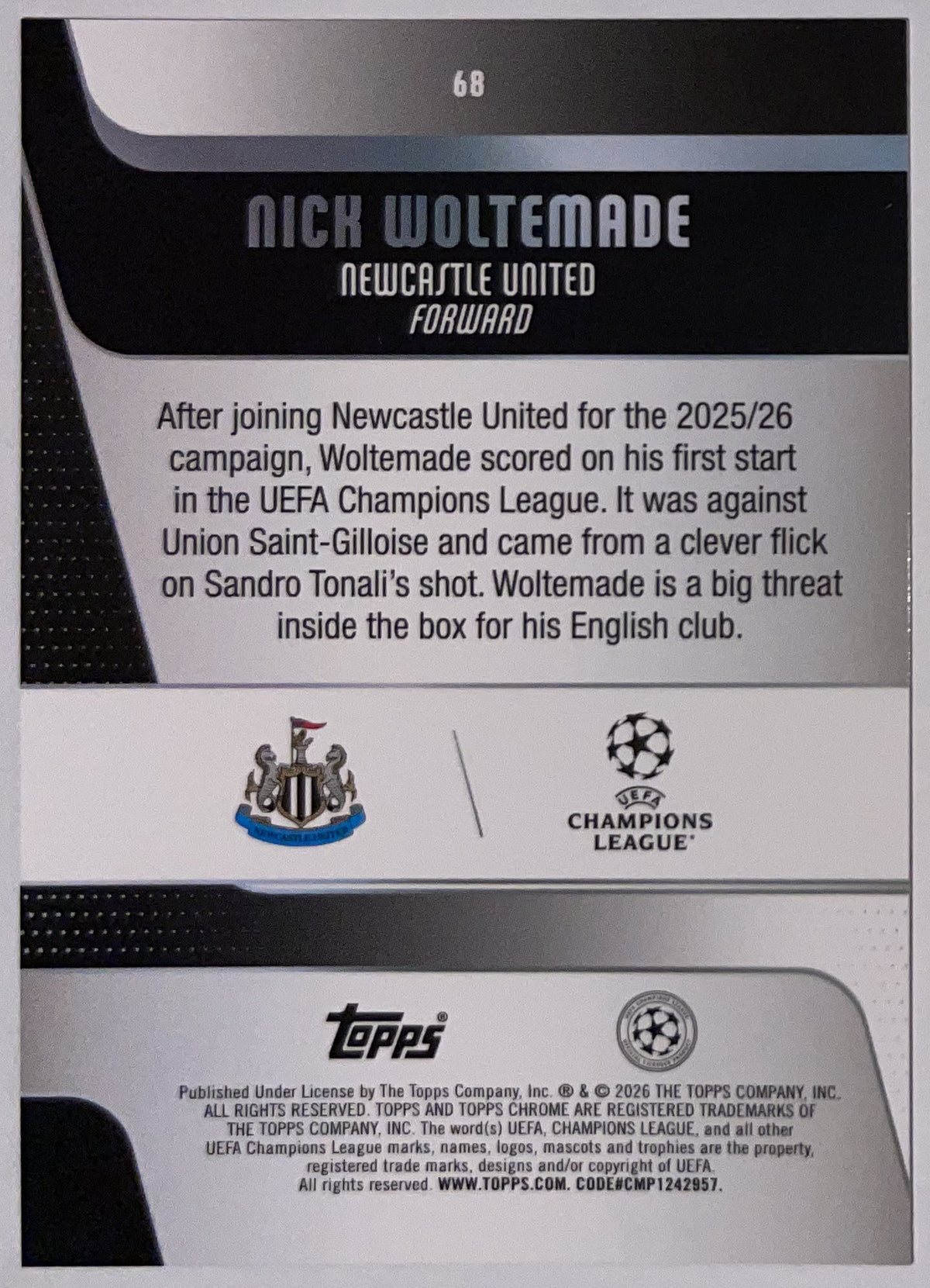 Achterzijde – Nick Woltemade [68] – Topps Chrome UEFA Club Competitions 2025/26 – Near Mint