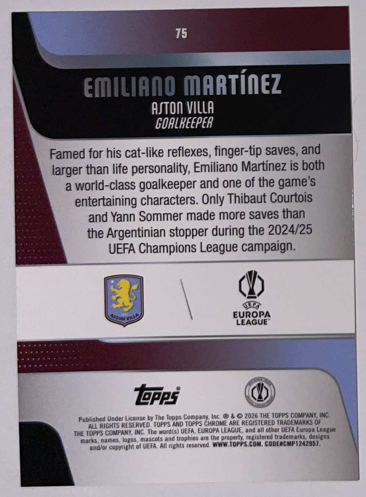 Achterzijde – Emiliano Martínez [75] – Topps Chrome UEFA Club Competitions 2025/26 – Near Mint